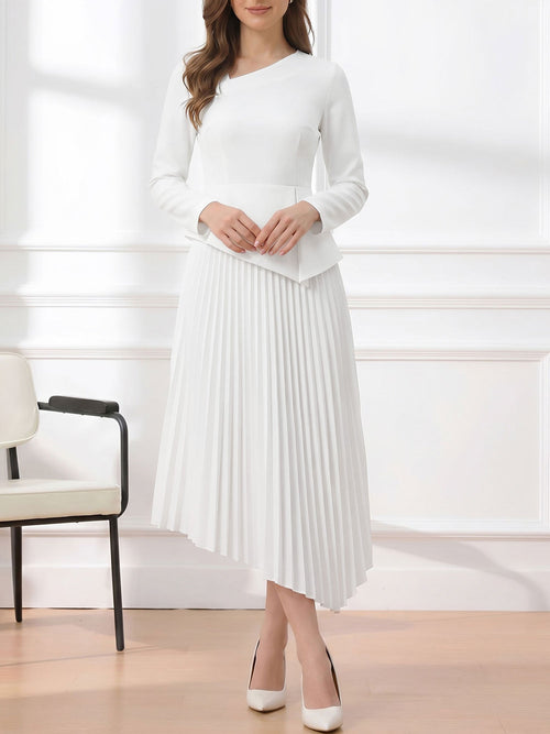Irregular Hem Solid Color Pleated Long Sleeves Dress