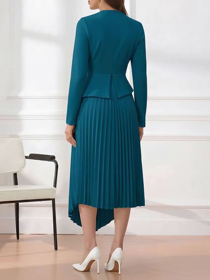 Irregular Hem Solid Color Pleated Long Sleeves Dress