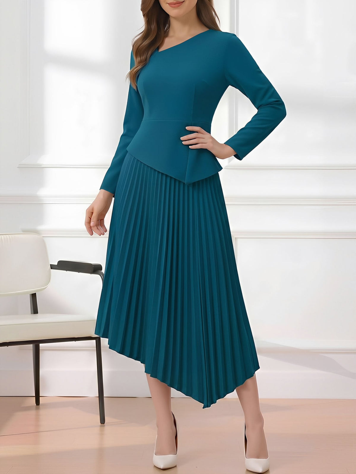 Irregular Hem Solid Color Pleated Long Sleeves Dress