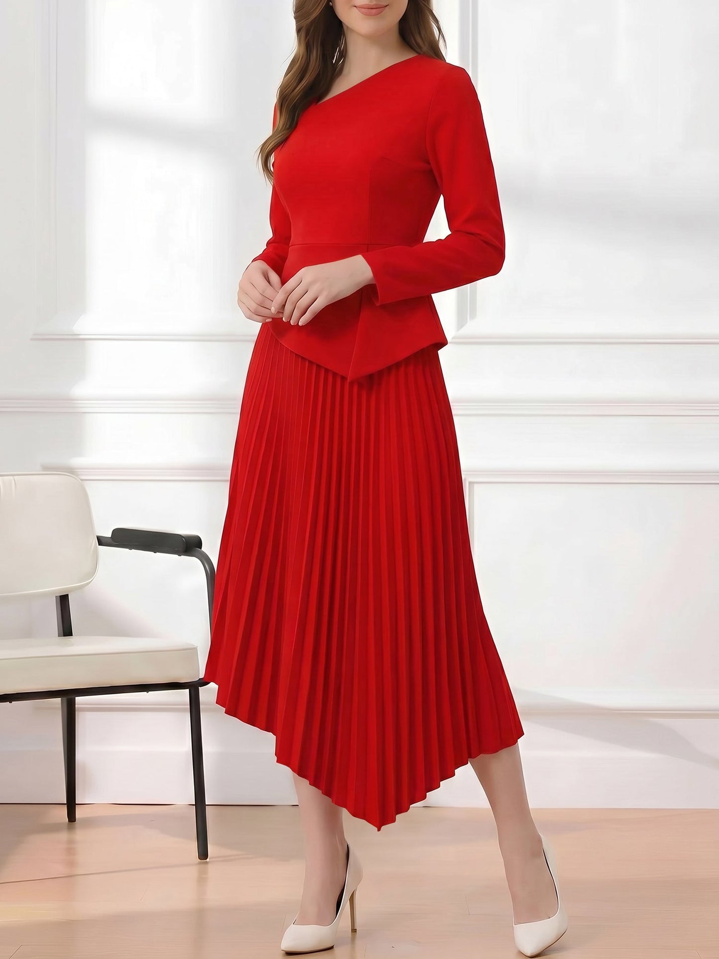 Irregular Hem Solid Color Pleated Long Sleeves Dress