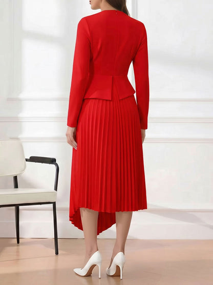 Irregular Hem Solid Color Pleated Long Sleeves Dress