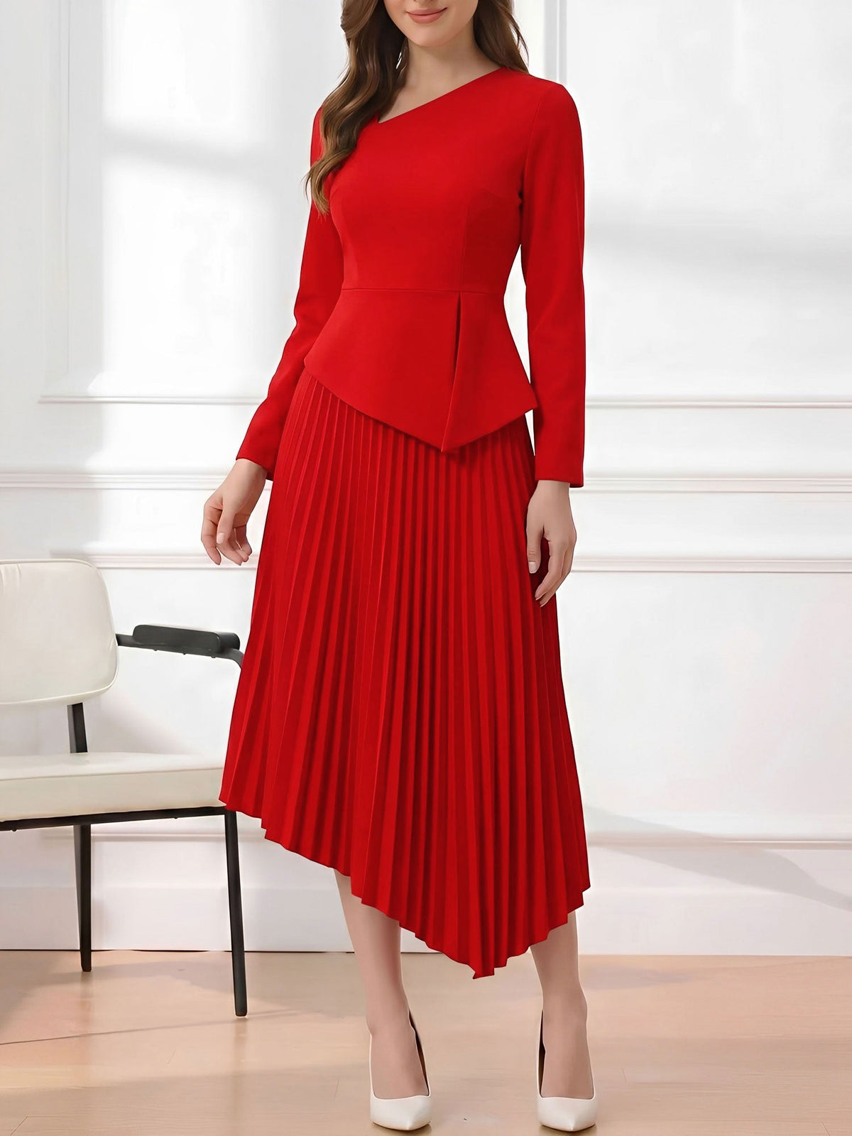 Irregular Hem Solid Color Pleated Long Sleeves Dress