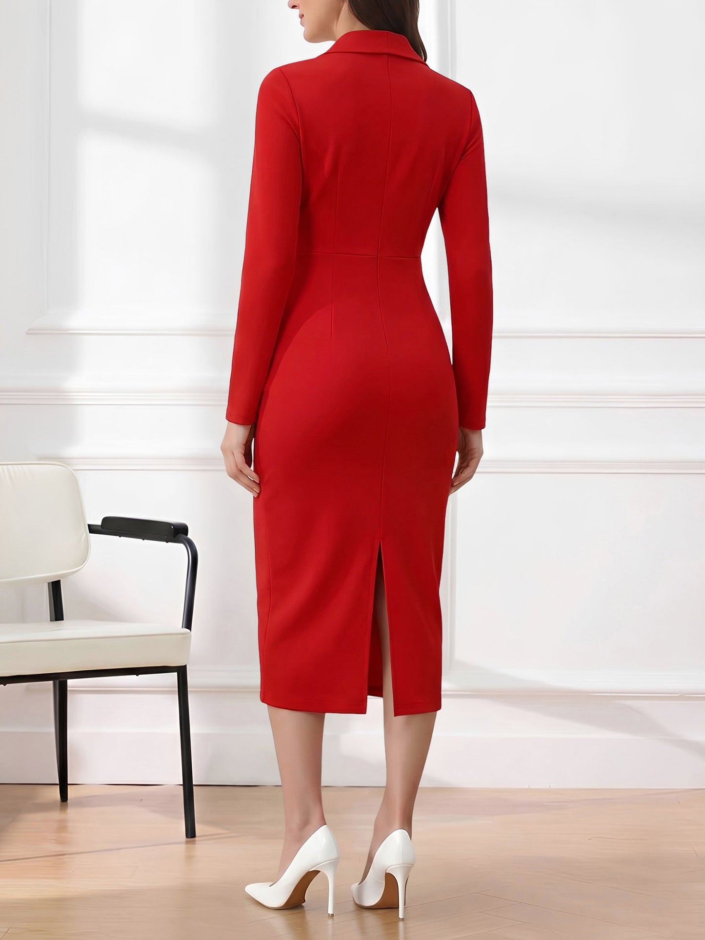 Notch Lapel Long Sleeves Button Midi Sheath Dress