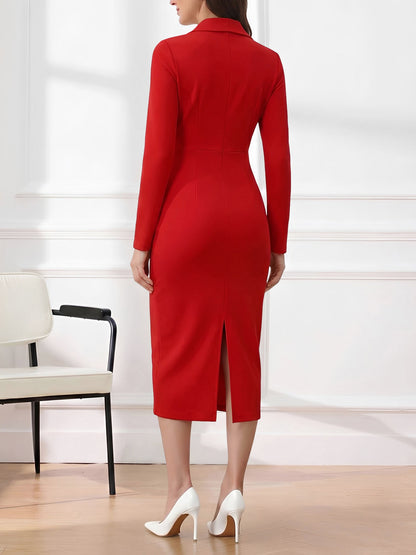 Notch Lapel Long Sleeves Button Midi Sheath Dress