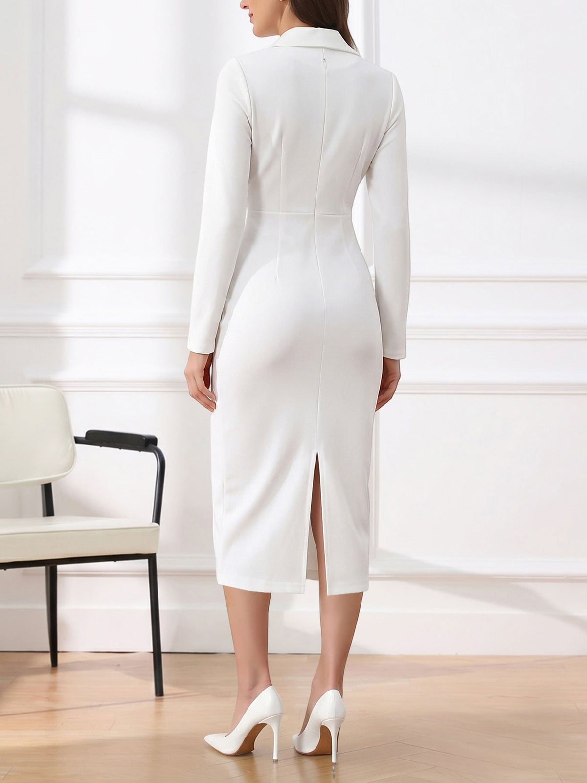 Notch Lapel Long Sleeves Button Midi Sheath Dress