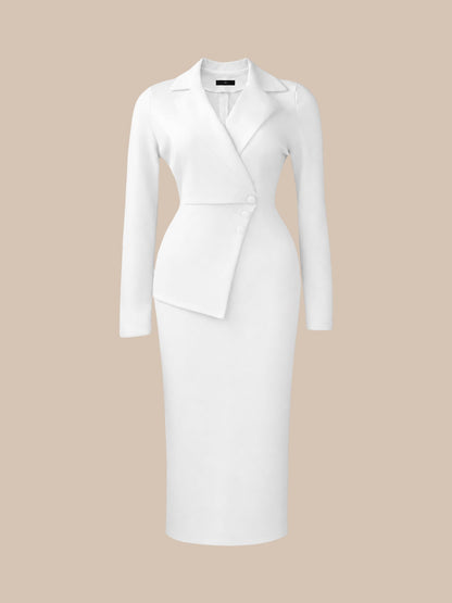 Notch Lapel Long Sleeves Button Midi Sheath Dress