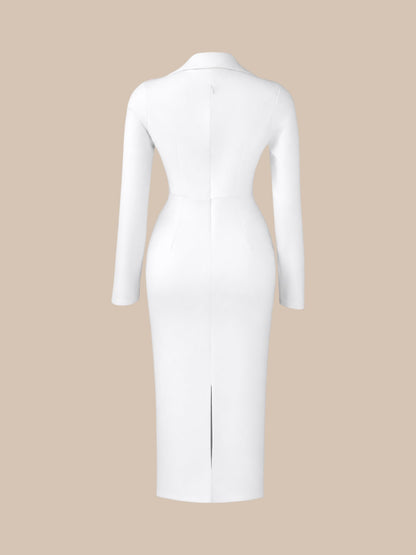 Notch Lapel Long Sleeves Button Midi Sheath Dress