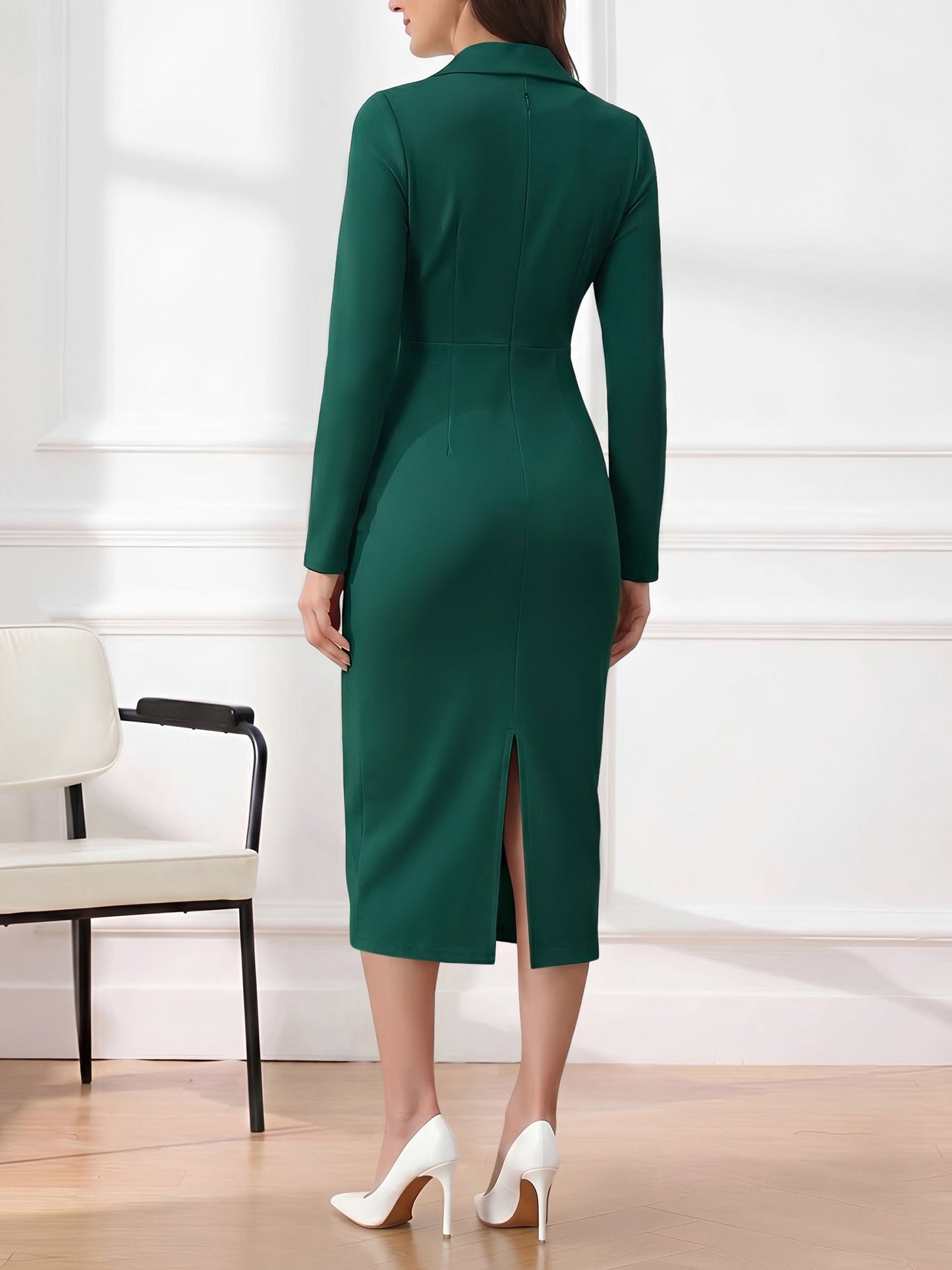 Notch Lapel Long Sleeves Button Midi Sheath Dress