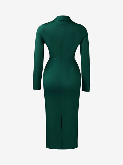 Notch Lapel Long Sleeves Button Midi Sheath Dress