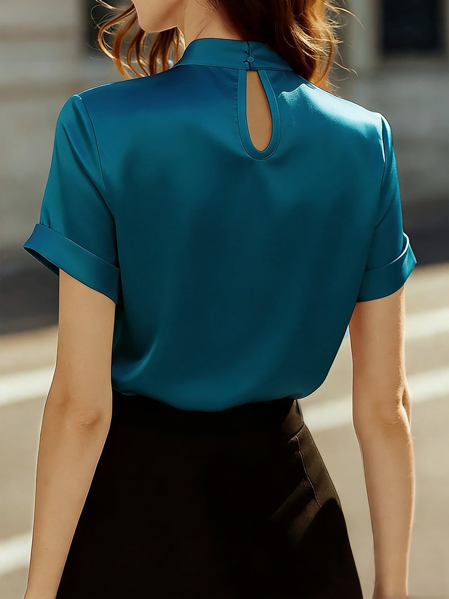 Satin Short Sleeve Keyhole Solid Color Blouse