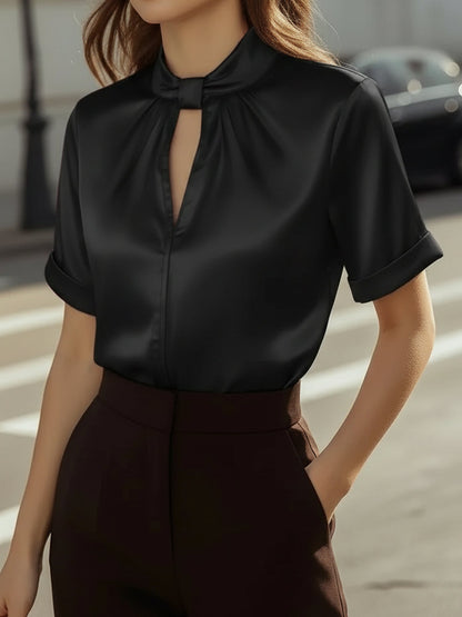 Satin Short Sleeve Keyhole Solid Color Blouse