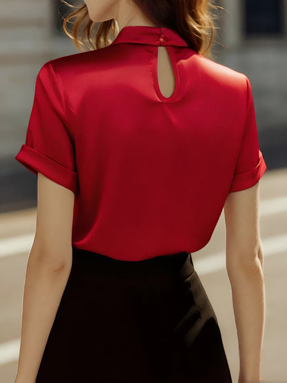 Satin Short Sleeve Keyhole Solid Color Blouse