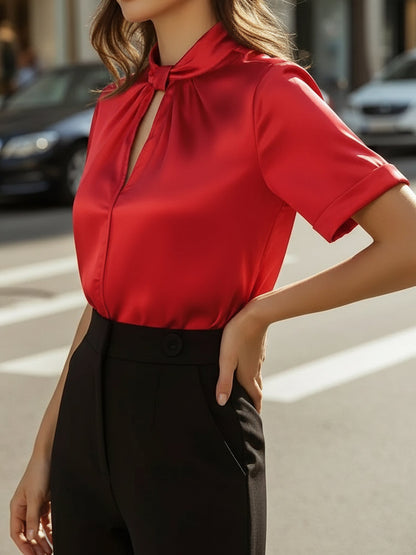 Satin Short Sleeve Keyhole Solid Color Blouse