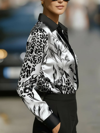 Colorblock Satin Leopard Printed Long Sleeves Blouse