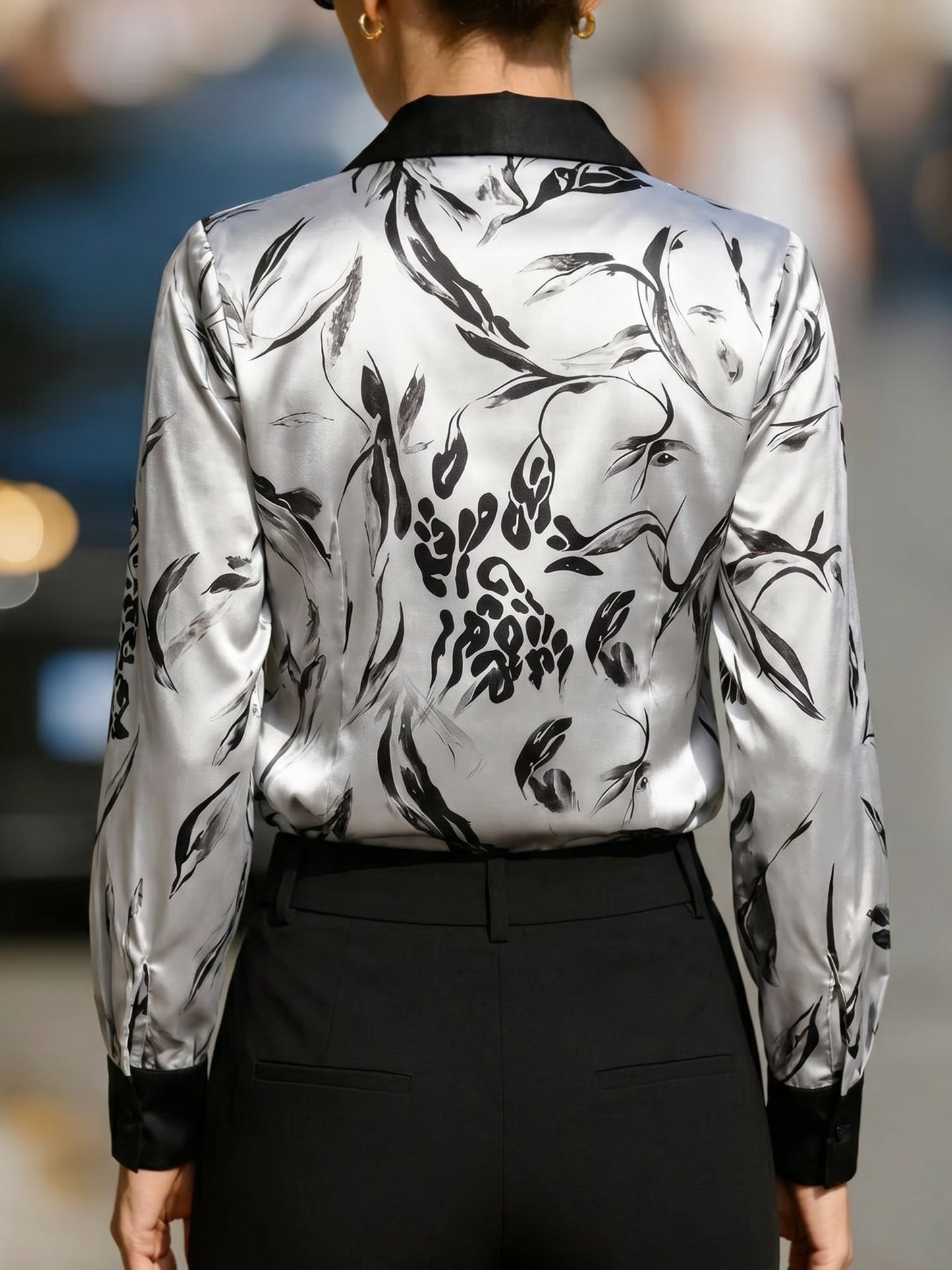 Colorblock Satin Leopard Printed Long Sleeves Blouse