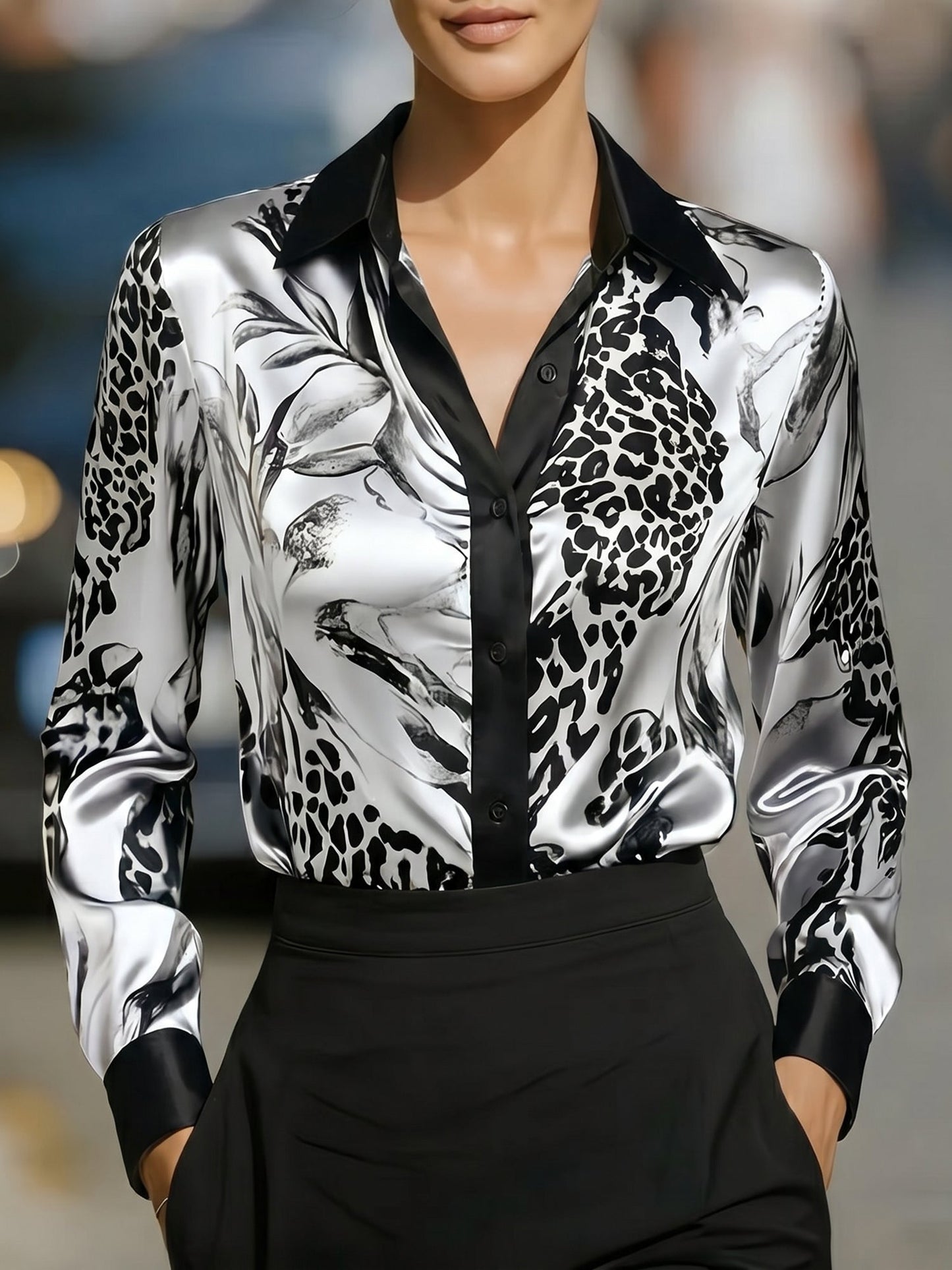 Colorblock Satin Leopard Printed Long Sleeves Blouse