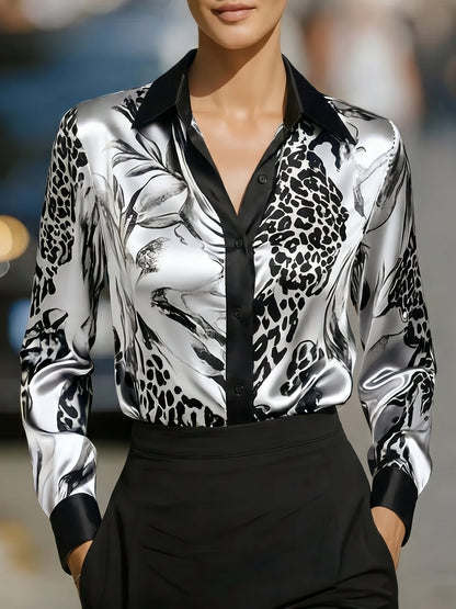 Colorblock Satin Leopard Printed Long Sleeves Blouse