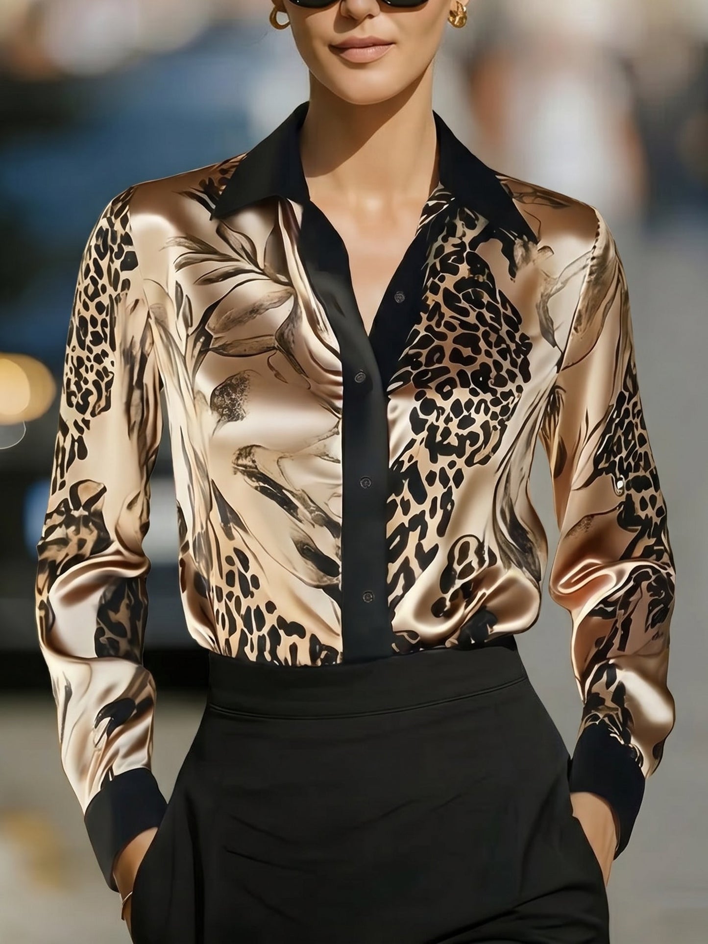 Colorblock Satin Leopard Printed Long Sleeves Blouse