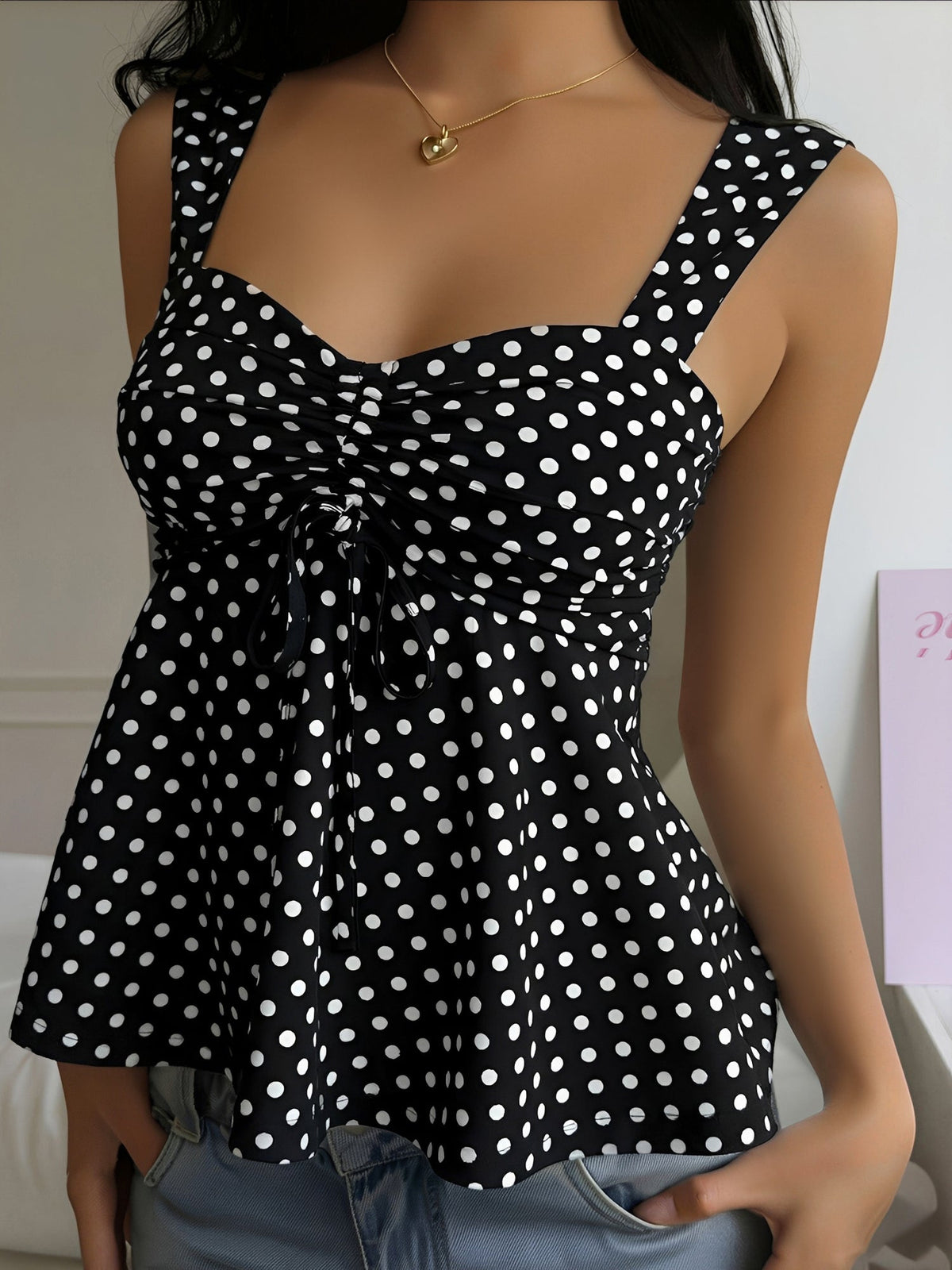 Cute Polka Dot Drawstring Sweetheart Neck Ruched Top