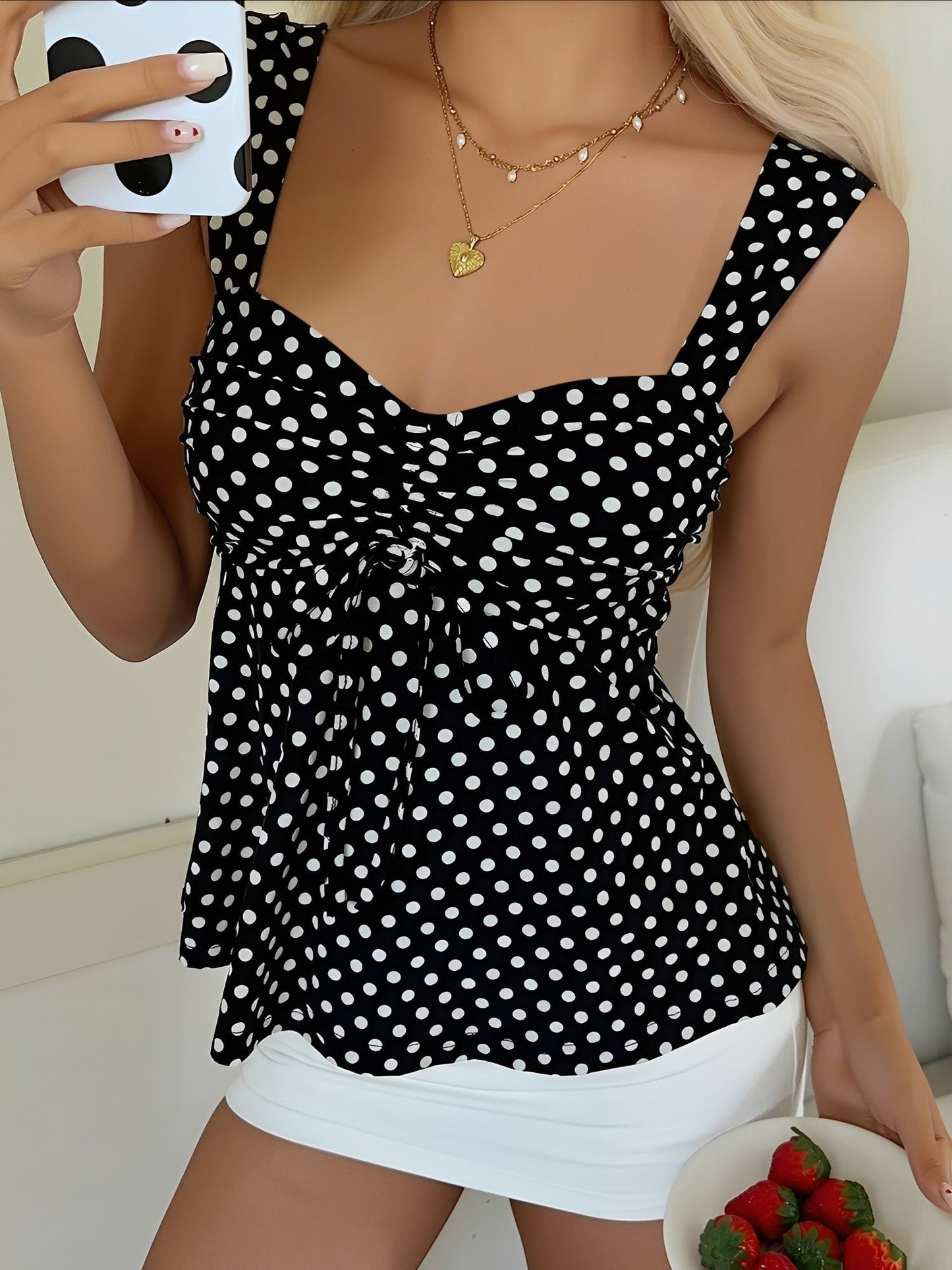 Cute Polka Dot Drawstring Sweetheart Neck Ruched Top