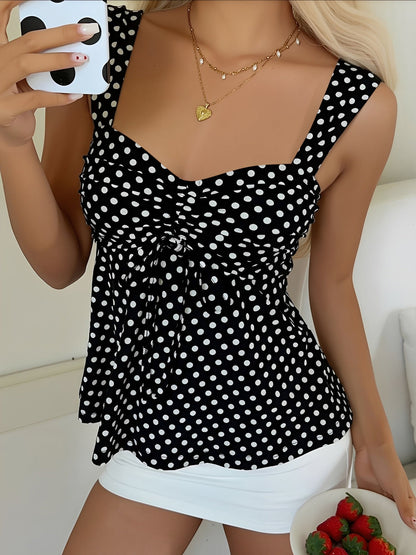 Cute Polka Dot Drawstring Sweetheart Neck Ruched Top