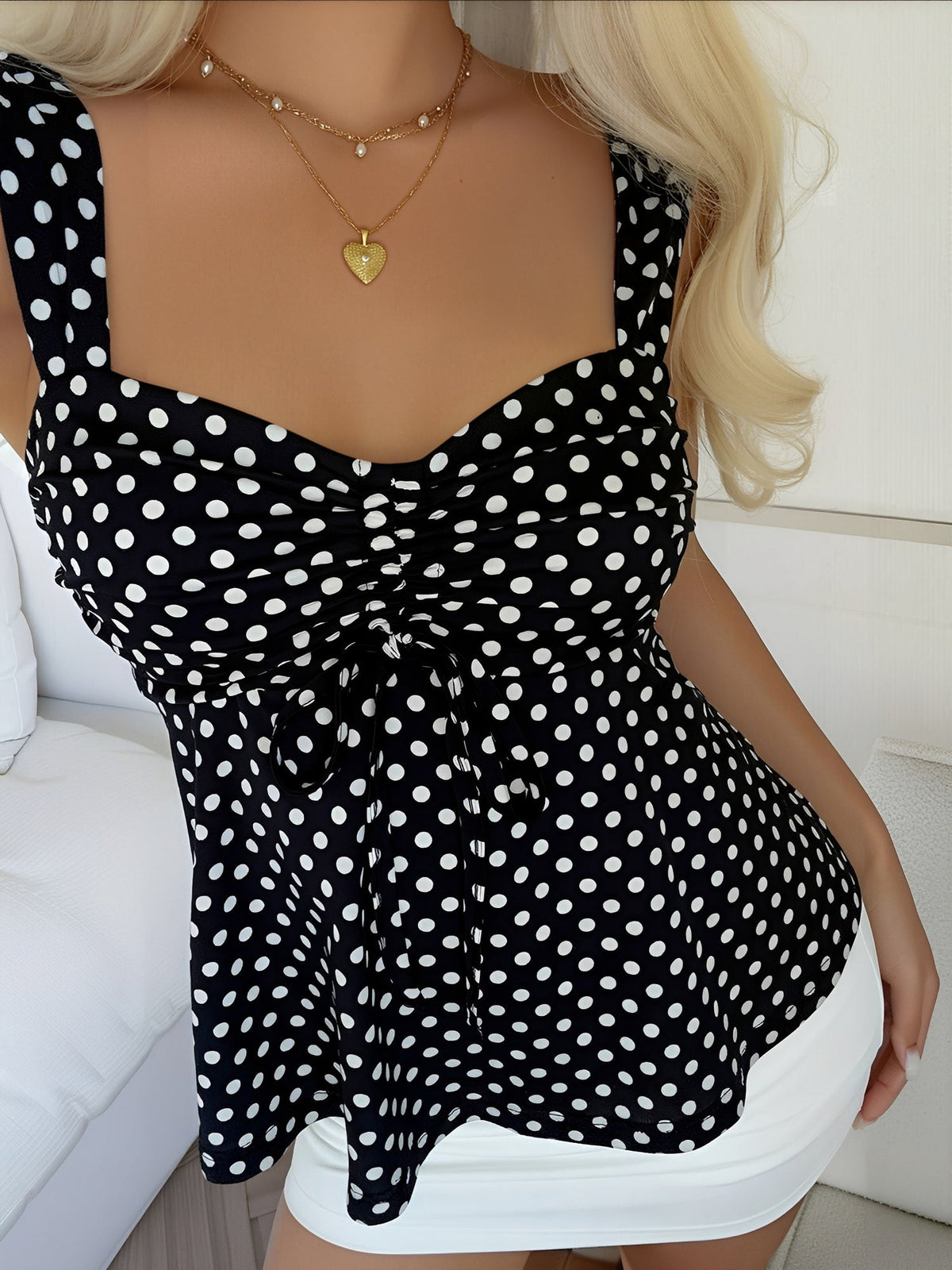 Cute Polka Dot Drawstring Sweetheart Neck Ruched Top