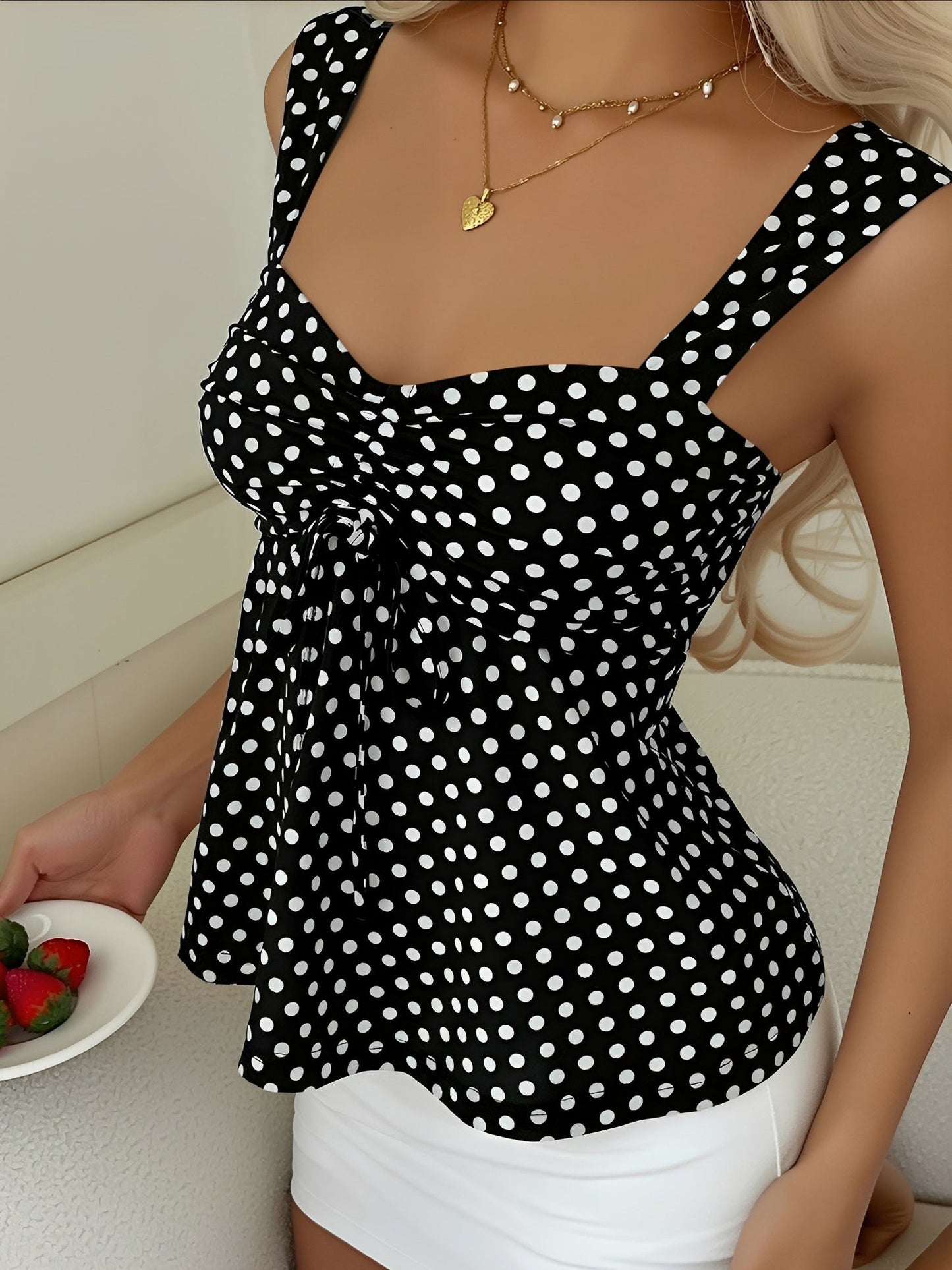 Cute Polka Dot Drawstring Sweetheart Neck Ruched Top