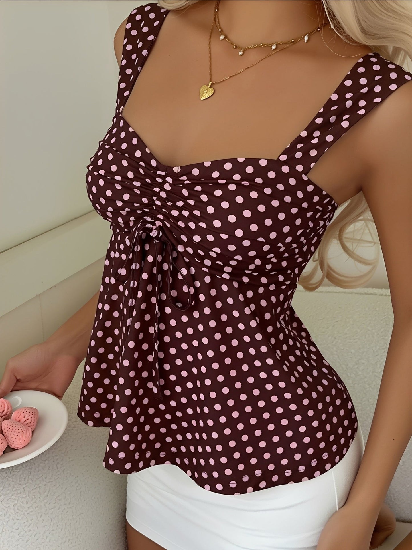 Cute Polka Dot Drawstring Sweetheart Neck Ruched Top