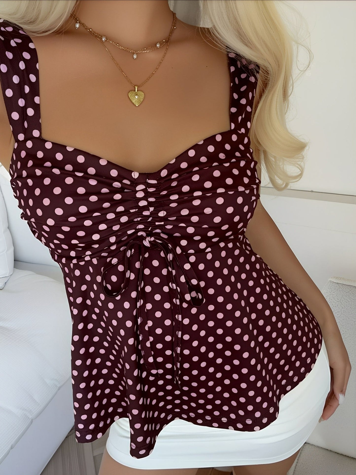 Cute Polka Dot Drawstring Sweetheart Neck Ruched Top