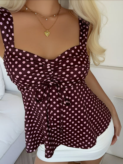 Cute Polka Dot Drawstring Sweetheart Neck Ruched Top