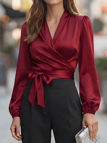 V Neck Satin Tie Front Puff Long Sleeve Blouse