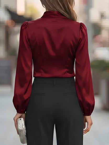 V Neck Satin Tie Front Puff Long Sleeve Blouse