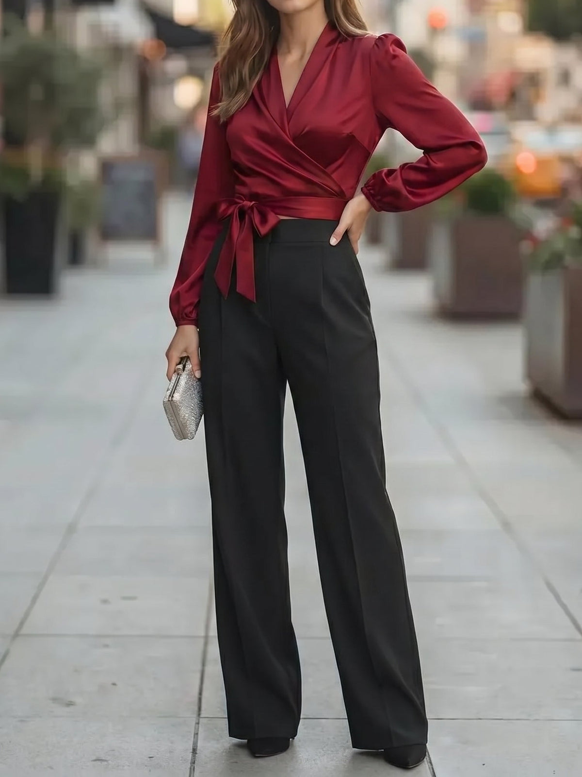 V Neck Satin Tie Front Puff Long Sleeve Blouse