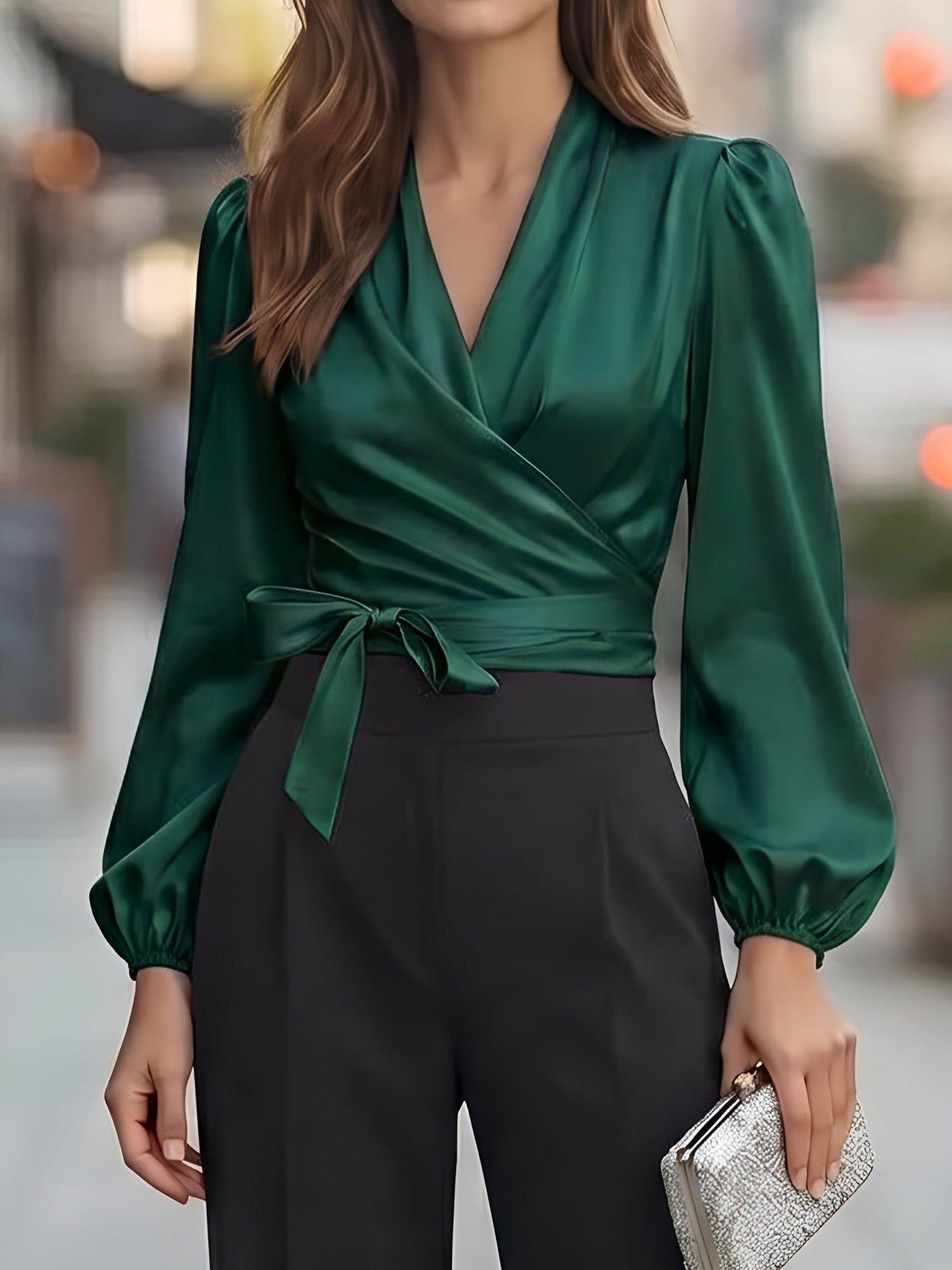 V Neck Satin Tie Front Puff Long Sleeve Blouse