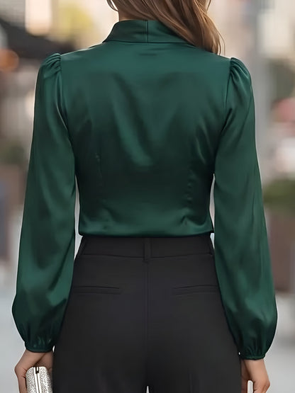 V Neck Satin Tie Front Puff Long Sleeve Blouse