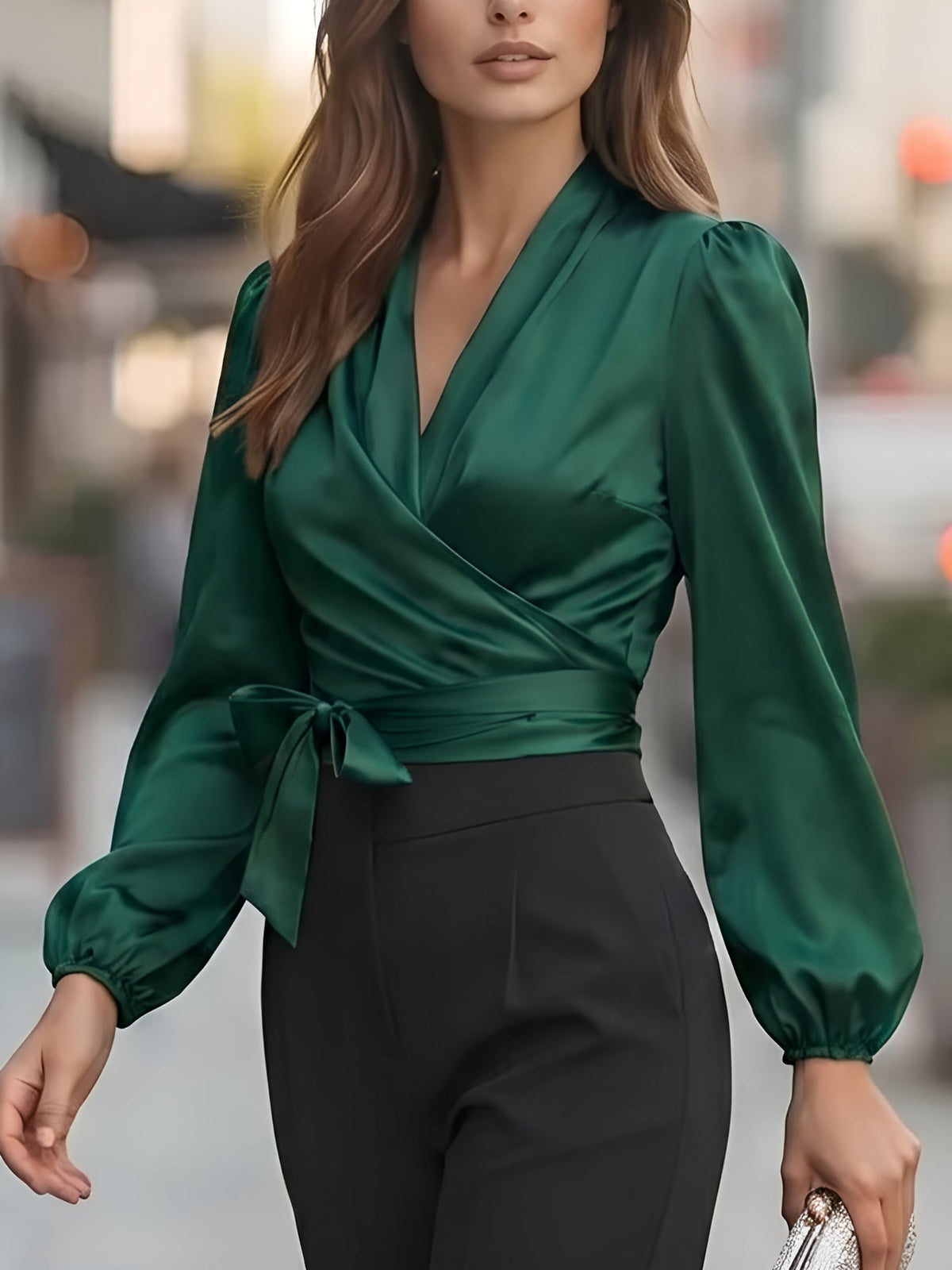 V Neck Satin Tie Front Puff Long Sleeve Blouse