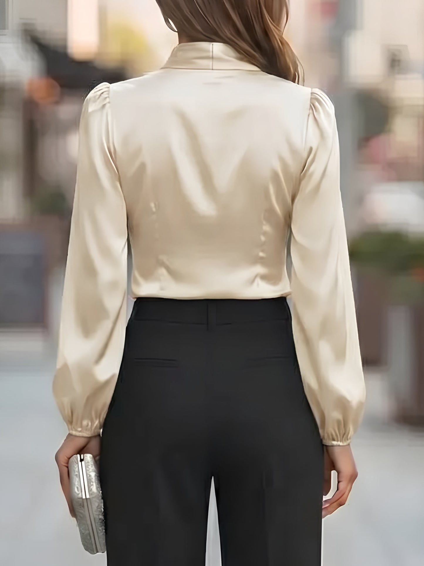 V Neck Satin Tie Front Puff Long Sleeve Blouse