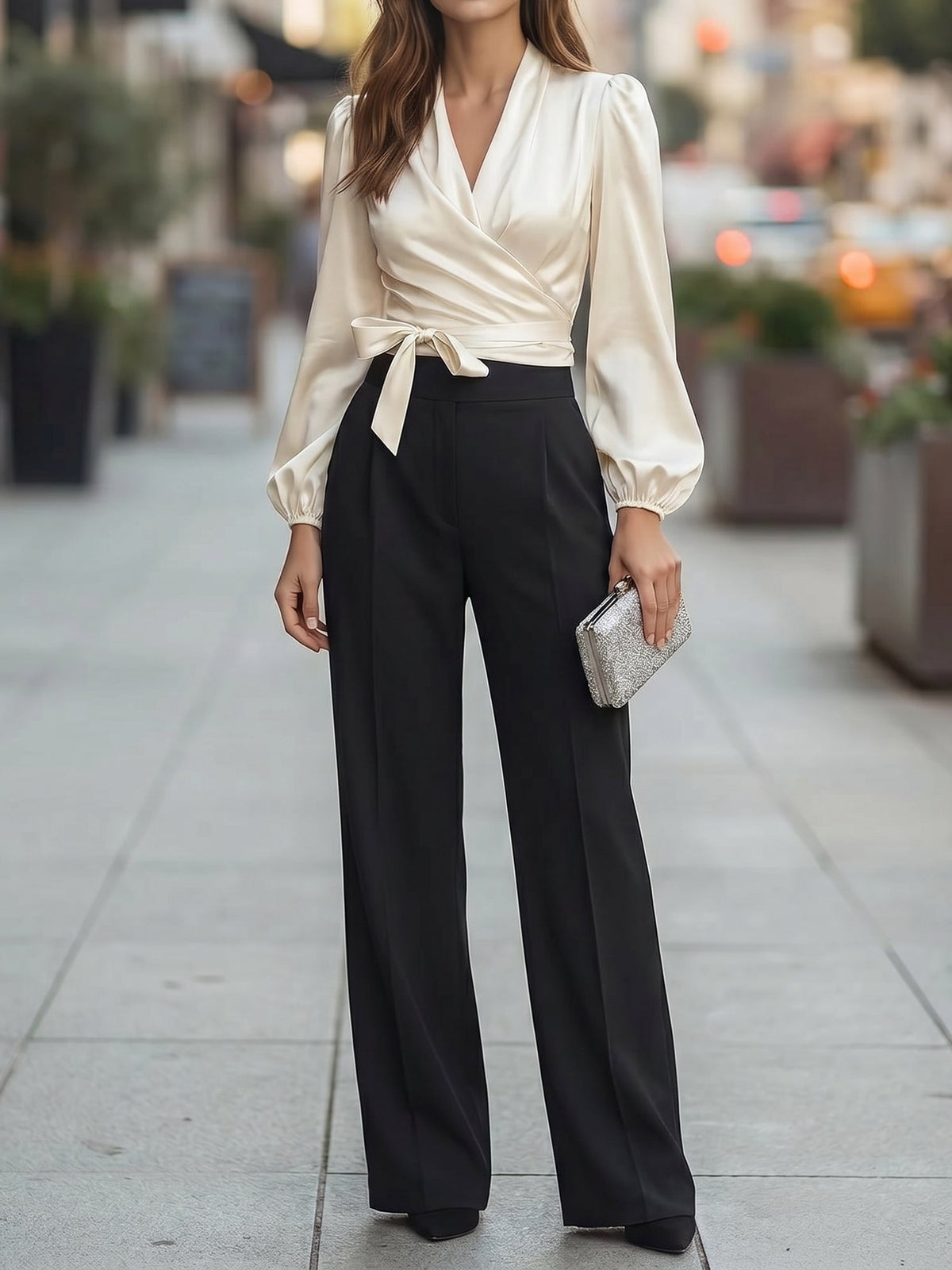 V Neck Satin Tie Front Puff Long Sleeve Blouse