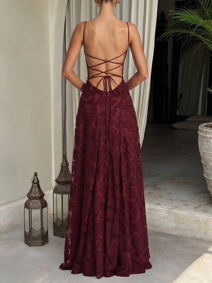 Spaghetti Straps Textured Backless A-line Maxi Dress