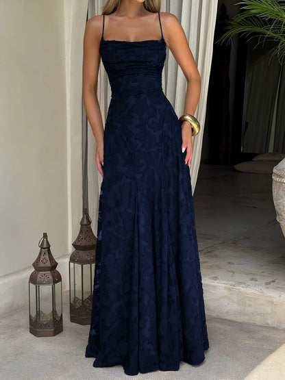 Spaghetti Straps Textured Backless A-line Maxi Dress