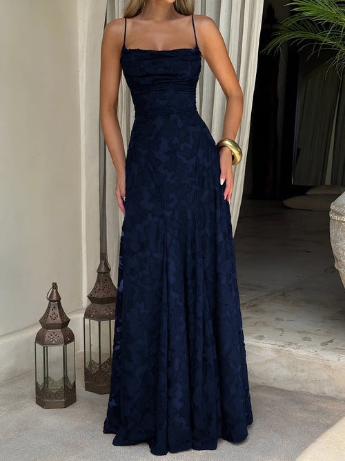Spaghetti Straps Textured Backless A-line Maxi Dress