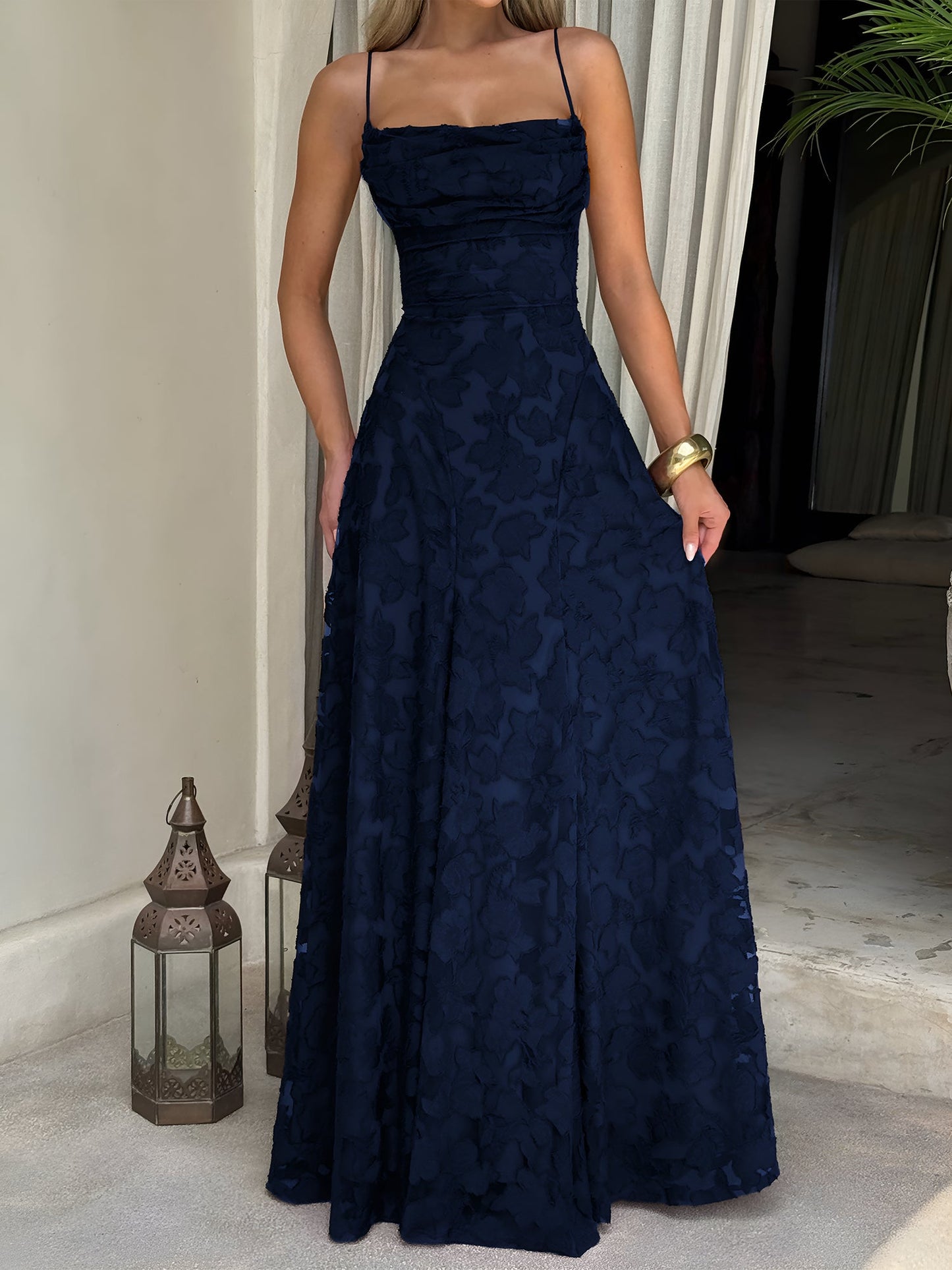 Spaghetti Straps Textured Backless A-line Maxi Dress