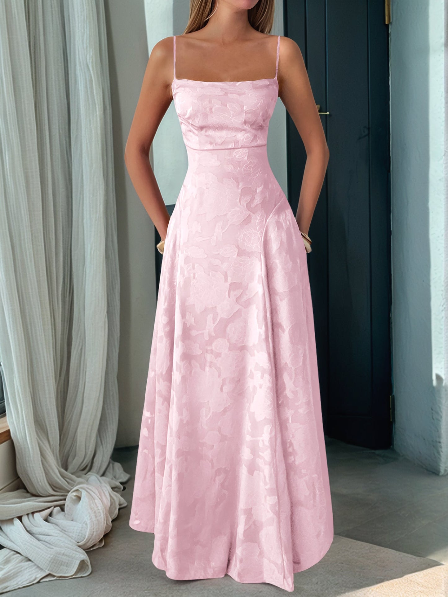 Spaghetti Straps Textured Backless A-line Maxi Dress