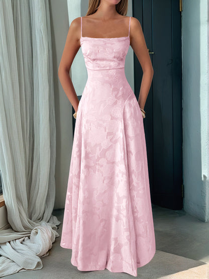 Spaghetti Straps Textured Backless A-line Maxi Dress