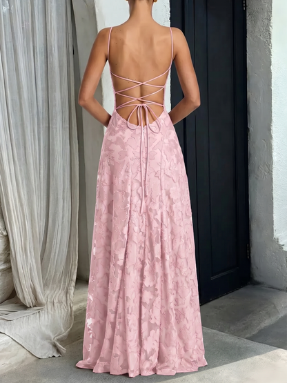 Spaghetti Straps Textured Backless A-line Maxi Dress