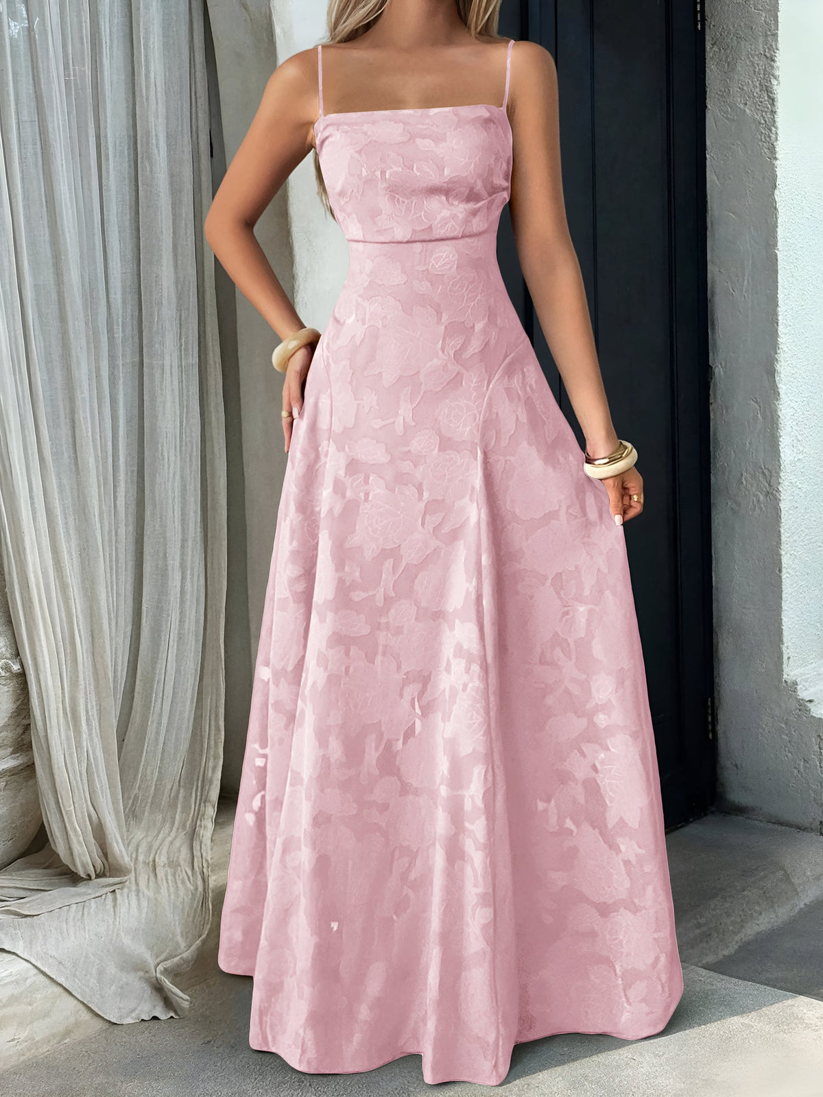 Spaghetti Straps Textured Backless A-line Maxi Dress