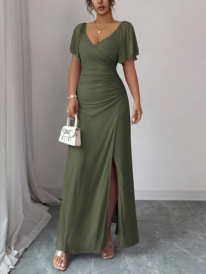 Mesh Panel V-Neck Flare Short Sleeve Slit Dress