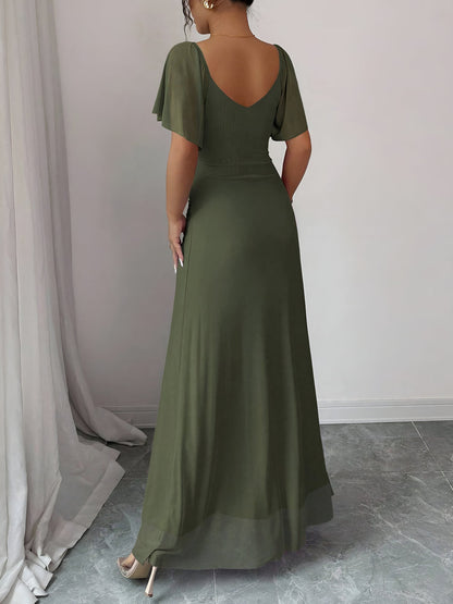 Mesh Panel V-Neck Flare Short Sleeve Slit Dress
