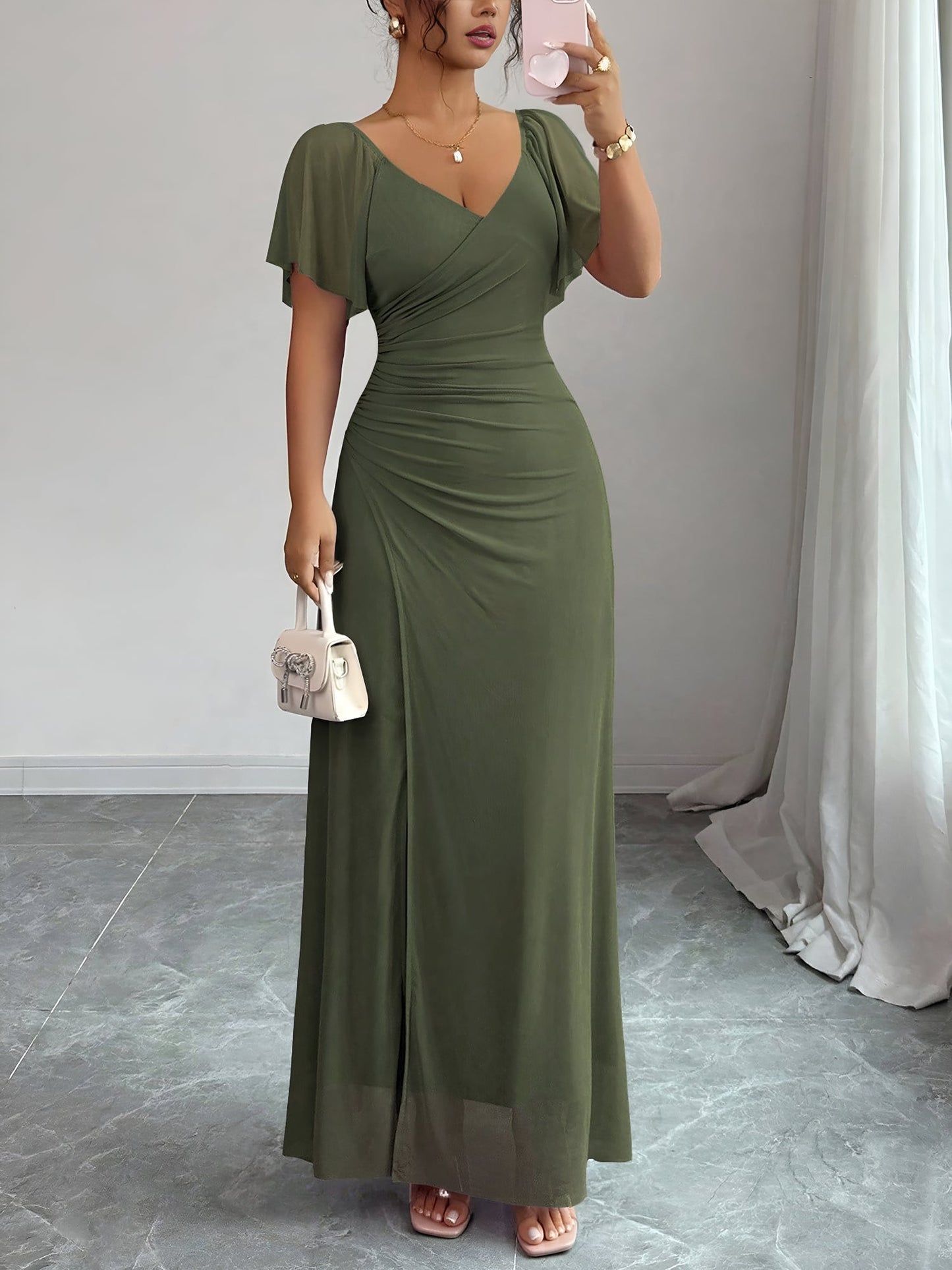 Mesh Panel V-Neck Flare Short Sleeve Slit Dress