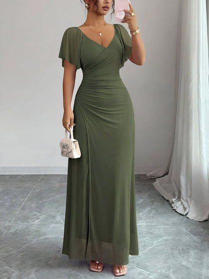 Mesh Panel V-Neck Flare Short Sleeve Slit Dress